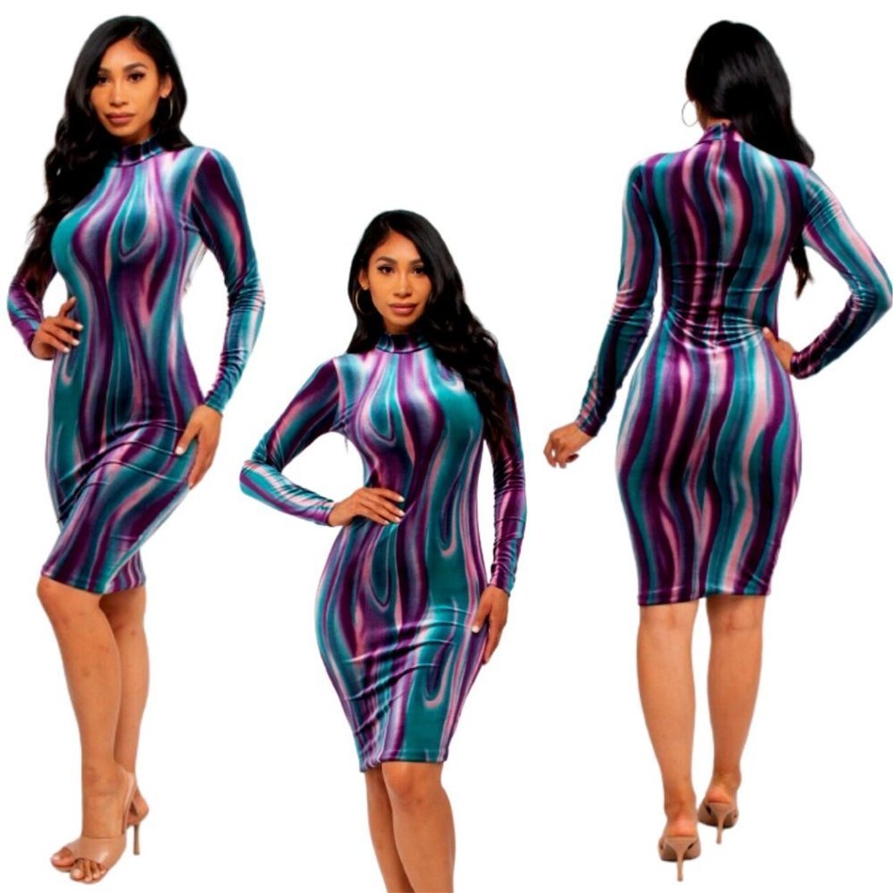 Long Sleeve Midi Dress Velvet Votique Purple & Blue-Green Ombre' - Picture 1 of 8
